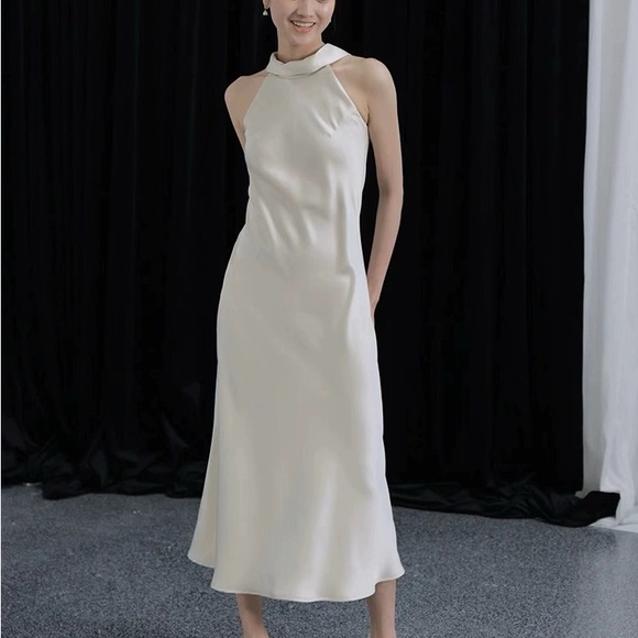 Elegant Black Halter Off-Shoulder Formal Long Evening Dress French-style - Picture 12 of 13